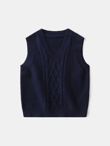 Classic dark blue V-neck cable knit vest for boys with minimalist ribbed hem detail