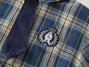Détail d'une chemise à carreaux pour garçons avec cravate marine et écusson collège