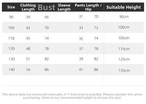 Detailed size chart for boys summer short sleeve polo set including length and height guide
