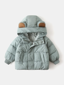 Toddler winter puffer jacket with cute bear ears hood in light sage green color