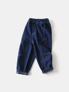 Classic deep blue boys denim pants with elastic waistband and workwear seam details