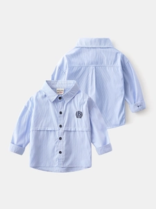 Classic blue and white striped long sleeve cotton shirt for boys with B embroidery