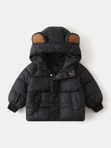 Thick black hooded kids puffer jacket with cute bear ears and windproof cuffs