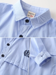 Light blue striped boys' long sleeve shirt featuring college style embroidery and black buttons