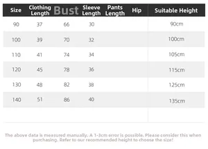 Size chart for boys dinosaur embroidery sweatshirt with length, bust, and sleeve measurements