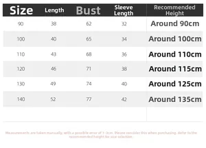 Detailed size chart for kids polo shirt with chest and sleeve length measurements