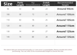 Tableau des tailles pour pantalons de sport enfant incluant longueur, hanches et entrejambe