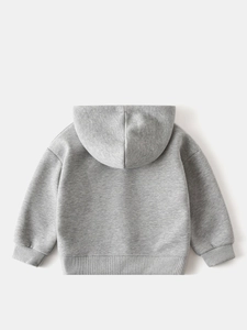 Vue arrière du sweat à capuche pour enfants gris clair minimaliste avec bords-côtes