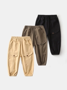 Three-pack of kids' cargo joggers in black, olive green, and khaki with elastic waist