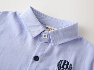 Close-up of light blue boys shirt with navy embroidered crest and white buttons