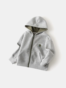 Sweat à capuche zippé pour enfants gris clair avec broderie ours et doublure verte