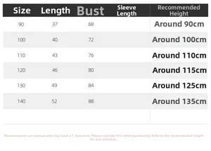 Size chart for kids dinosaur polo shirt including length, chest, and height 90-140cm