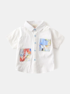 Boys Cotton Casual Short Sleeve Shirt With Artistic Printed Pockets White Summer Top For Toddler Kids Lightweight Breathable Clothing
