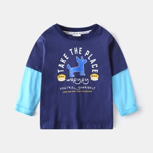 Détail d'un t-shirt à manches longues pour garçon avec design patchwork et motif de chien