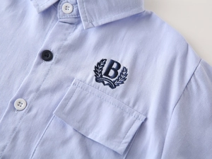 Detail of light blue shirt collar with navy embroidery and contrast button stitching