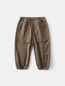 Classic kids brown cotton cargo pants with elastic waist and stylish pocket detail