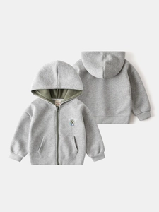 Sweat à capuche gris zippé pour enfant avec broderie et doublure contrastée verte