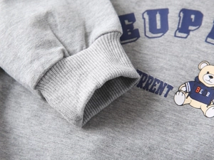 Détail des poignets côtelés et de l'imprimé graphique ours sur le sweat gris en coton