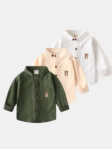 Chemise en Coton à Manches Longues pour Garçons Style Coréen Décontracté Col en V Boutonné Haut Avec Broderie d'Ours