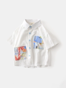 Short sleeve cotton shirt for boys with artistic painted pockets and blue buttons