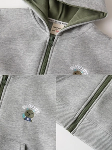 Veste à capuche pour enfant gris chiné avec doublure olive et broderie ours