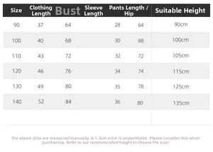 Size chart for boys' summer shirt and shorts set showing lengths for heights 90cm to 135cm