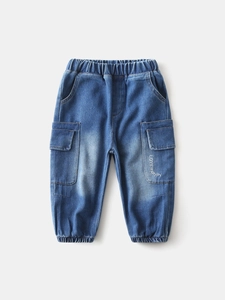 Boys Fashion Cargo Jeans Elastic Waist Cuffed Denim Joggers Cotton Blend Spring Autumn Casual Korean Style Embroidery Pants