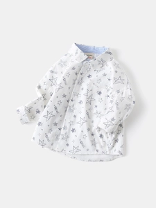 Boys long sleeve white cotton shirt with navy blue star print and front pocket detail