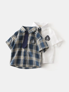 Chemise d'Été en Coton à Manches Courtes pour Garçons Décontractée à Carreaux Style Preppy Blanc Avec Cravate
