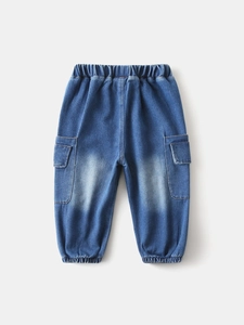 Boys denim cargo jogger pants in washed blue with elastic waist and flap pockets