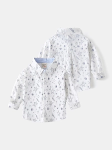 Boys white long sleeve shirt with blue star print and pocket shown in front and back view