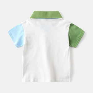 Detail view of the back of a color-block boys' cotton polo shirt with contrast sleeves