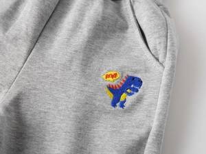 Détail du jogging gris pour enfant avec broderie dinosaure bleue et texte roar