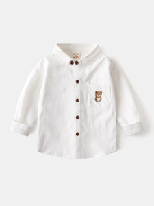 Chemise blanche à manches longues en coton pour enfant avec broderie ours et col V