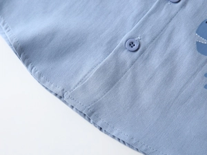 Gros plan d'une chemise dinosaure pour garçon montrant la texture du tissu et boutons