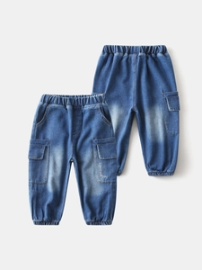 Classic blue wash boy's denim cargo joggers with elastic waist and flap pockets