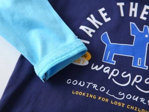 Détail d'un t-shirt en coton avec corps bleu marine et manches bleu ciel