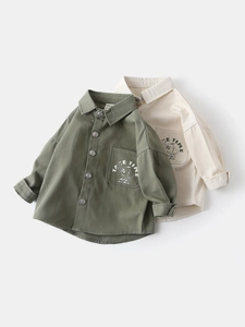 Chemises sergé à manches longues pour garçons olive et beige avec poches boutonnées