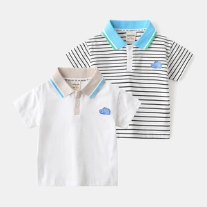Close-up of boys cotton polo shirts with hippo embroidery and contrast collar details