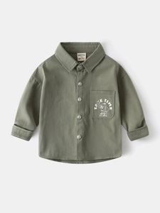 Chemise manches longues pour garçon vert olive avec poche imprimée et boutons