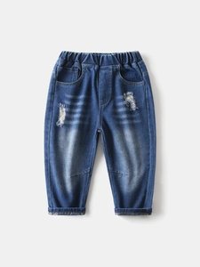 Boys Distressed Denim Jeans Korean Style Ripped Cotton Casual Long Pants Elastic Waist Blue Washed Trousers For Kids