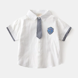 Detail of boys' white shirt showing embroidered space badge and checkered tie accent