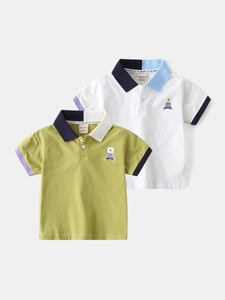 Polo à Manches Courtes pour Garçons en Mélange de Coton Col Contrasté Top Décontracté Ours de Dessin Animé Enfants