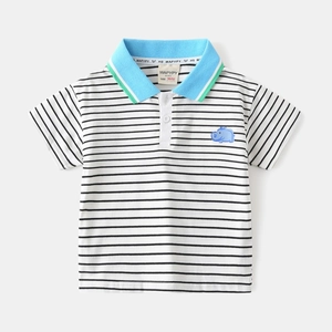 Detail of boys striped polo shirt with light blue collar and hippo embroidery