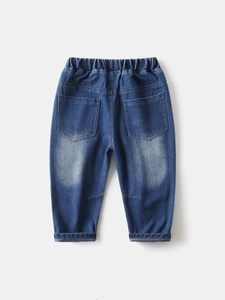 Classic deep blue kids denim jeans featuring an elastic waistband and back pocket details