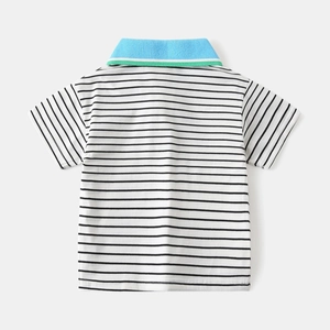 Detailed back view of boys' polo shirt featuring black and white stripes and colorful collar