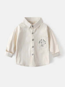 Chemise beige à manches longues pour garçons avec poche à motif dessin animé et boutons