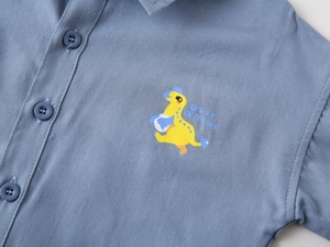 Detail of light blue cotton shirt featuring yellow dinosaur print and blue buttons