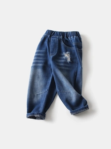 Classic blue boys denim pants with elastic waist and distressed ripped details