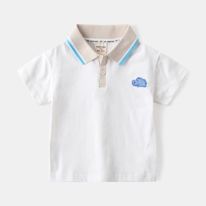 Detail of white cotton polo shirt collar with blue stripes and hippo embroidery